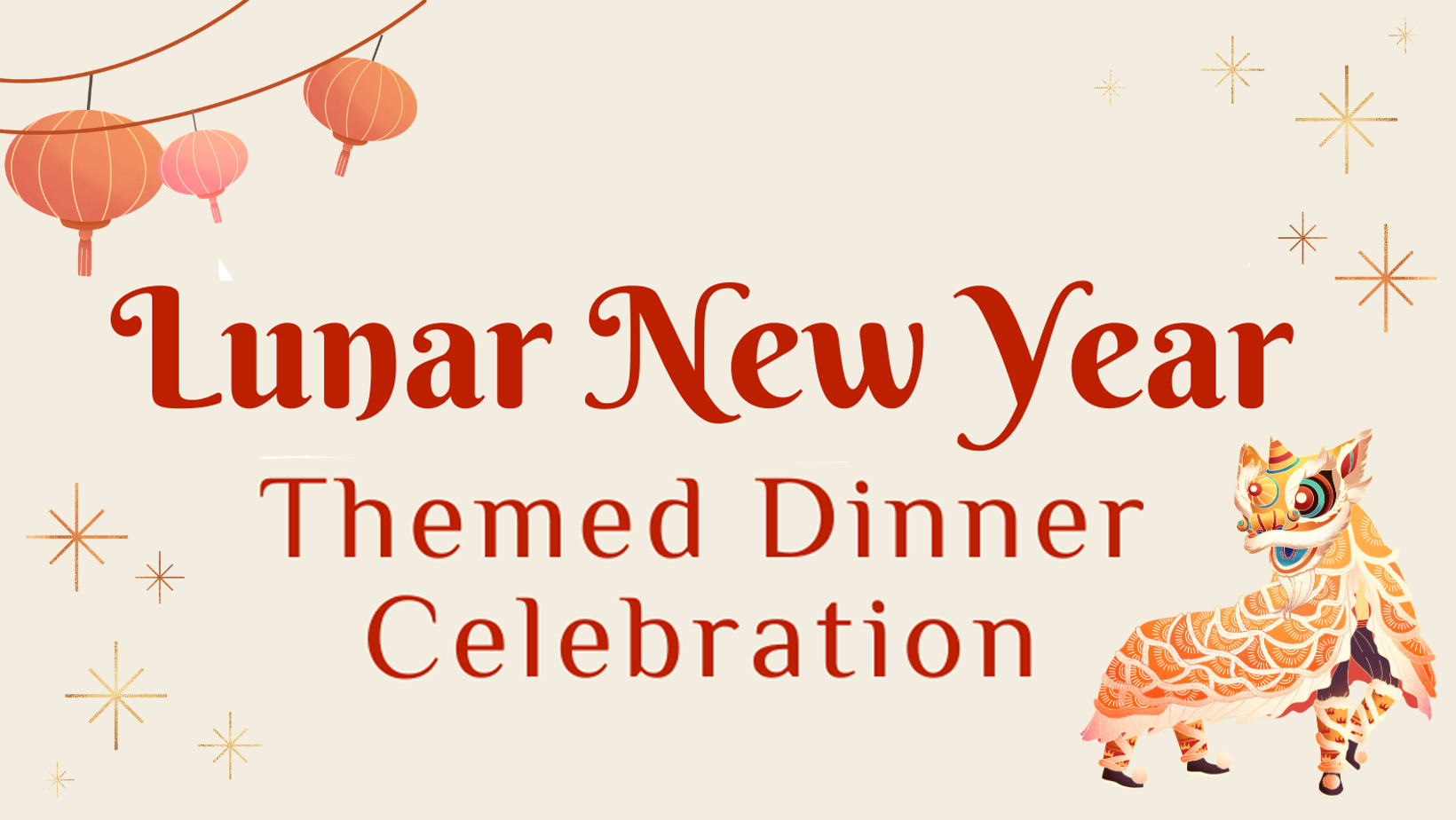 Lunar New Year Themed Dinner Celebration header with hanging lamp and dragon illustrations