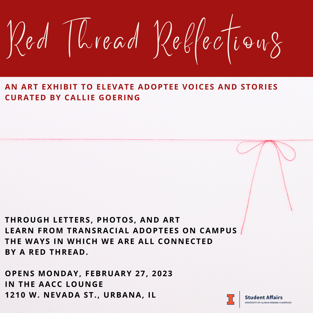 Red Thread Reflections Art show, a thin red thread is tied in a bowtie through the center of the post. White background.