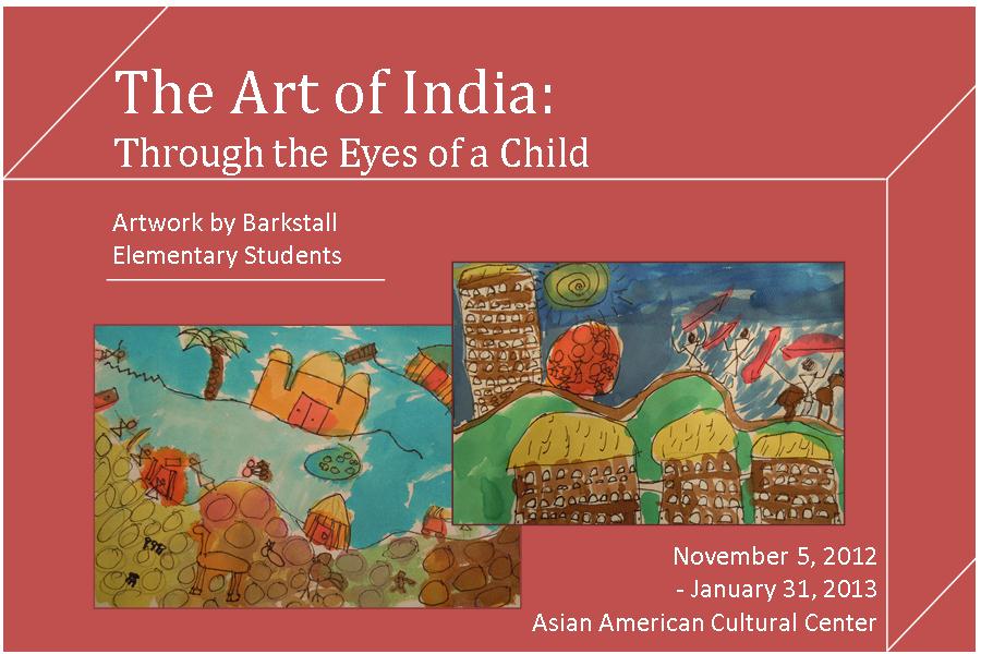 The Art of India poster featuring muted red background and two landscape paintings by children