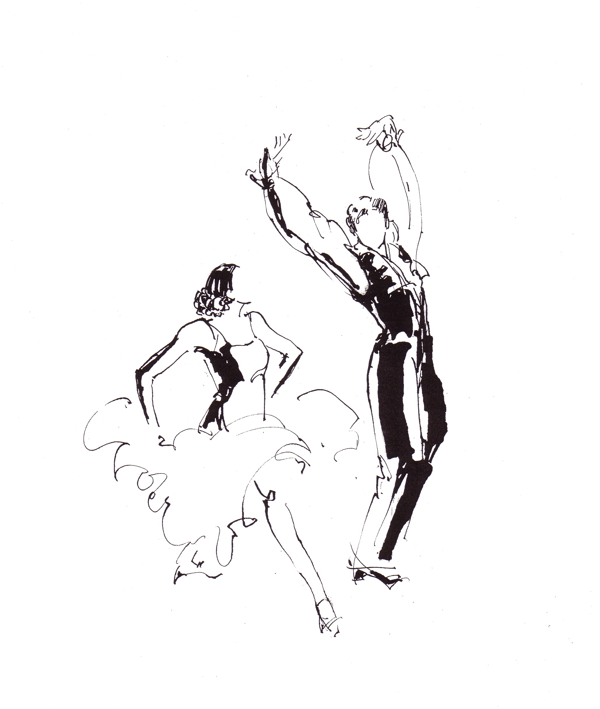 Ink drawing of a male and female dancing