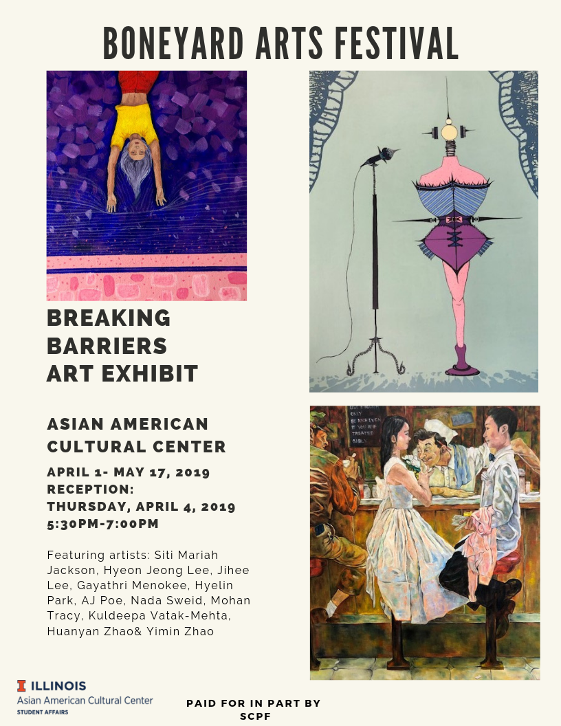 Breaking Barriers poster featuring three paintings -- person hanging upside down, abstract figure standing next to microphone, and person serving two others seated at diner