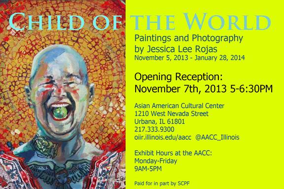 Child of the World poster featuring bright yellow background and painting of a bald figure with mouth open centered against circular textured background