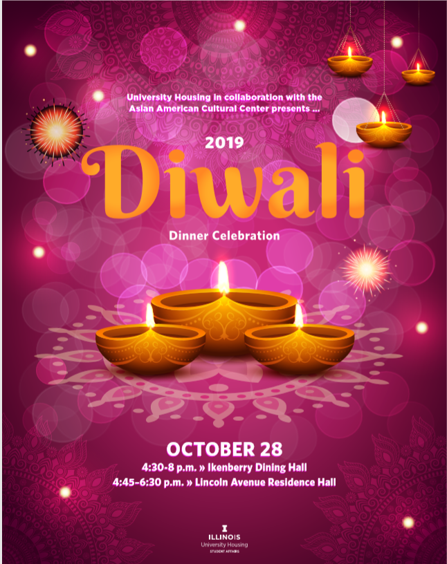2019 Diwali poster featuring three yellow candles centered on a patterned purple background