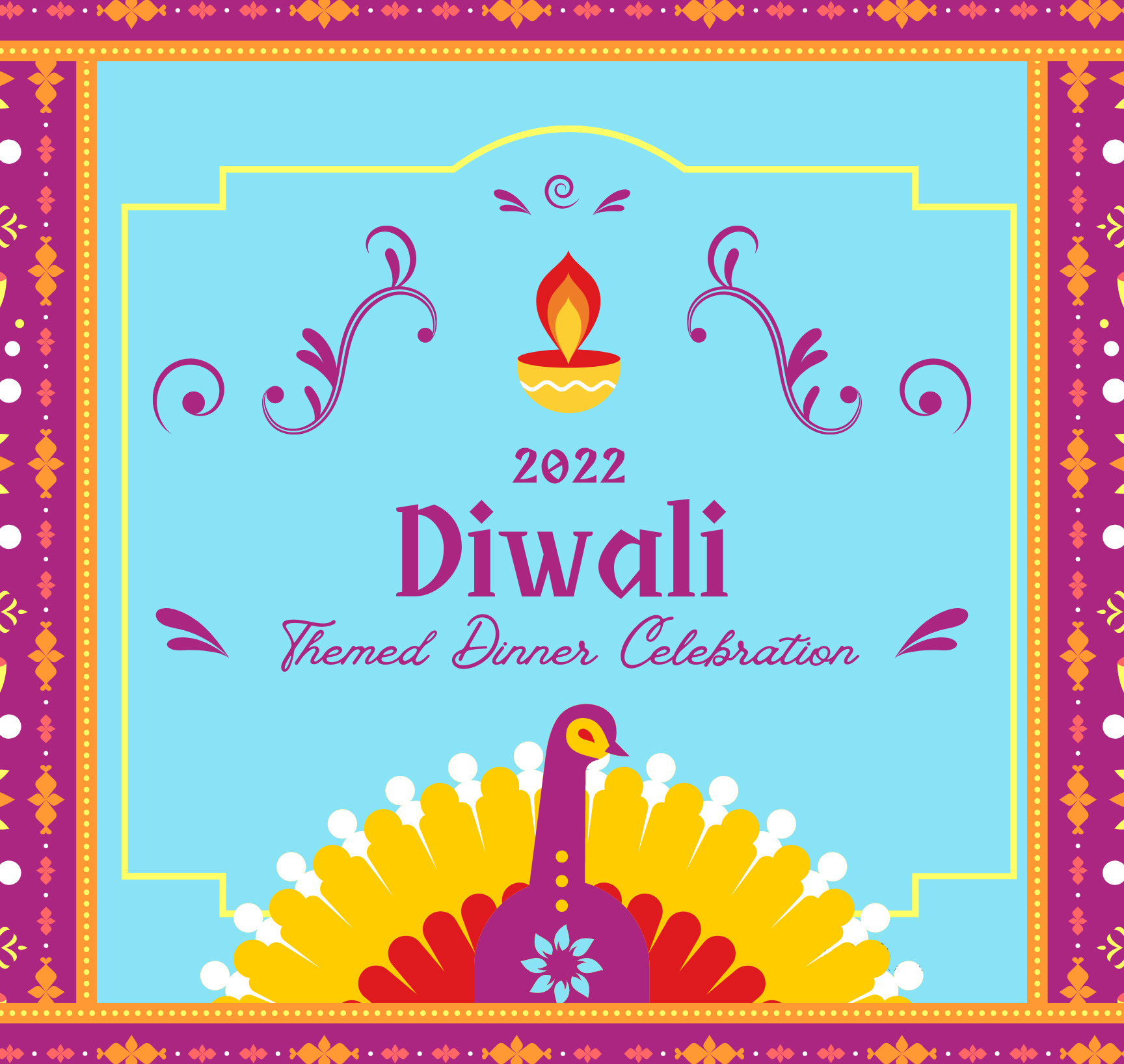 2022 Diwali Themed Dinner Celebration poster featuring bright purple, blue, orange, and yellow colors and patterns with peacock illustration centered at bottom