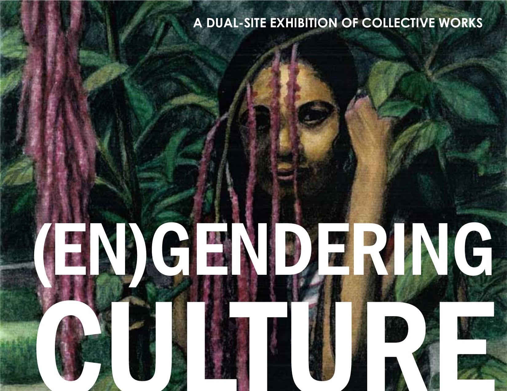 (En)Gendering Culture poster featuring painting of person peering through thick leaves and foliage