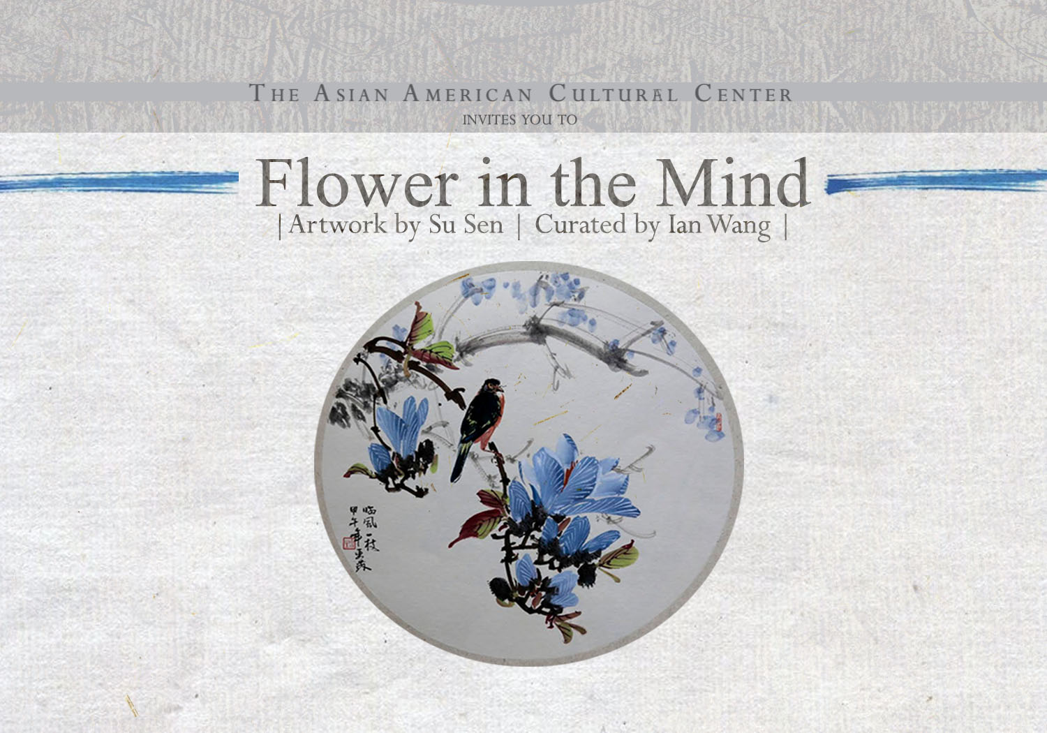 Flower in the Mind poster featuring a plate painted with bird and floral scene set against a paper texture background