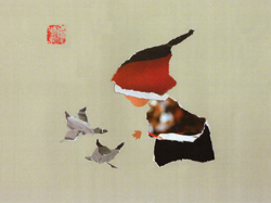 Torn paper piece of figure in red hat and two birds