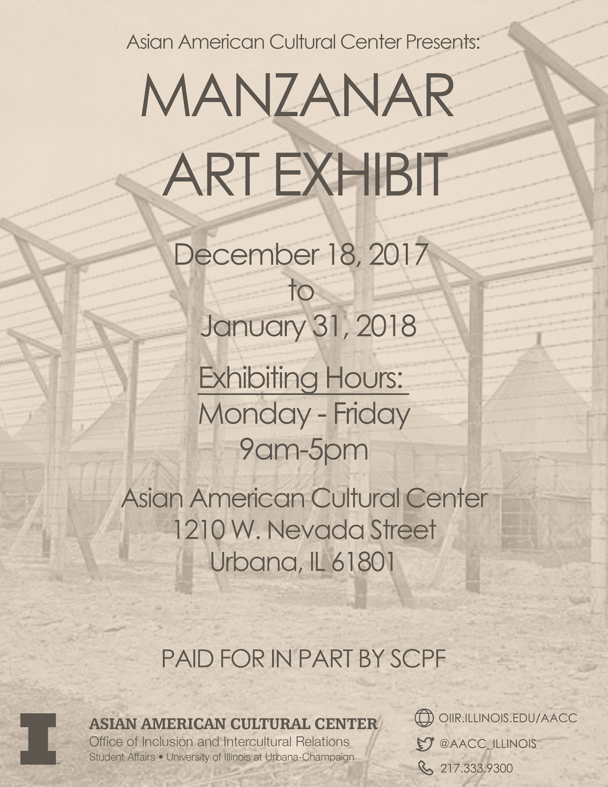 Manzanar Art Exhibit poster featuring brown monotone photo of tall wire fence in front of hut structures