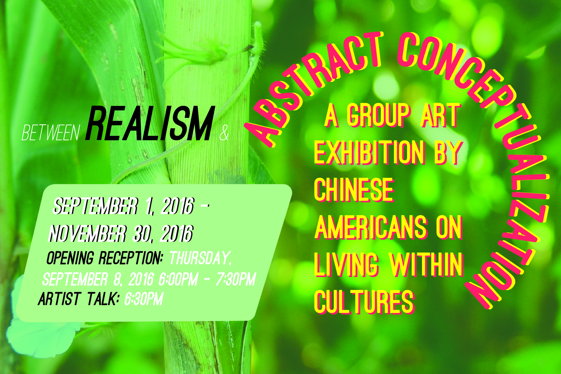 Between Realism & Abstract Conceptualization poster featuring unfocused photo of green plants in background