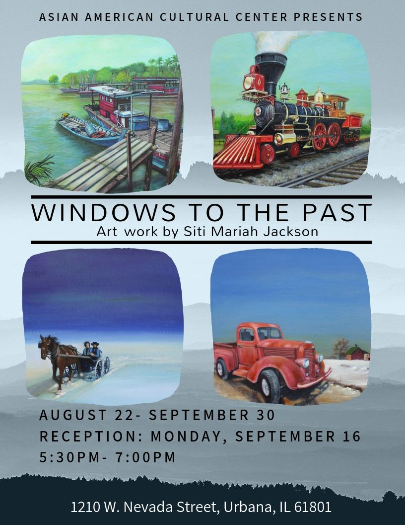 Windows to the Past poster featuring grid of four square paintings -- boat, steam engine, horse carriage, and old red truck -- against faded landscape background